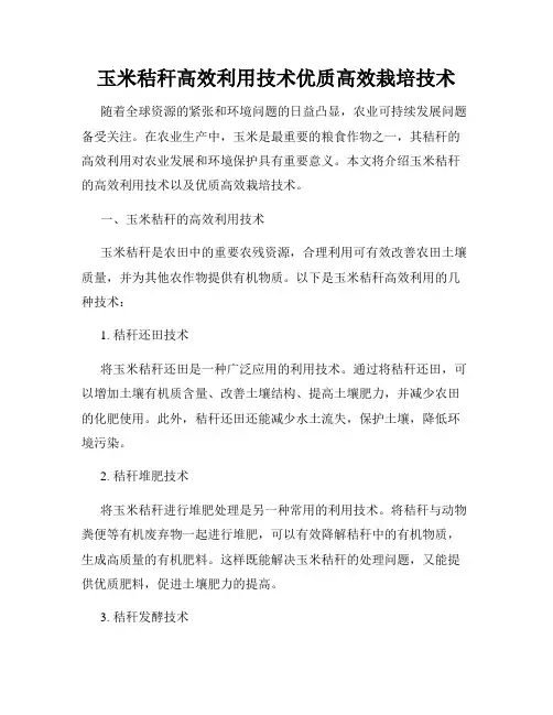 玉米秸秆高效利用技术优质高效栽培技术