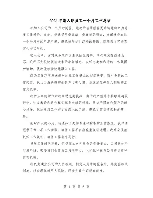 2024年新入职员工一个月工作总结（四篇）
