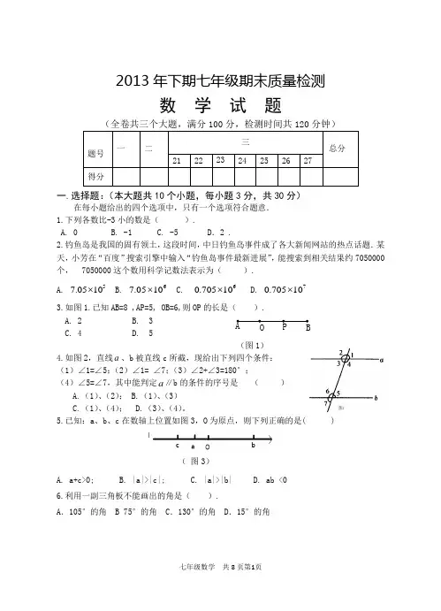 四川省乐至县2013-2014学年七年级上期末质量检测数学试题及答案【新课标人教版】