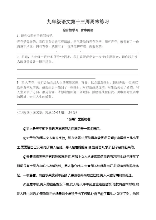九年级语文第十三周周末练习