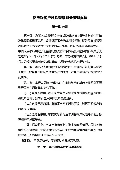银行反洗钱客户风险等级划分管理办法模版