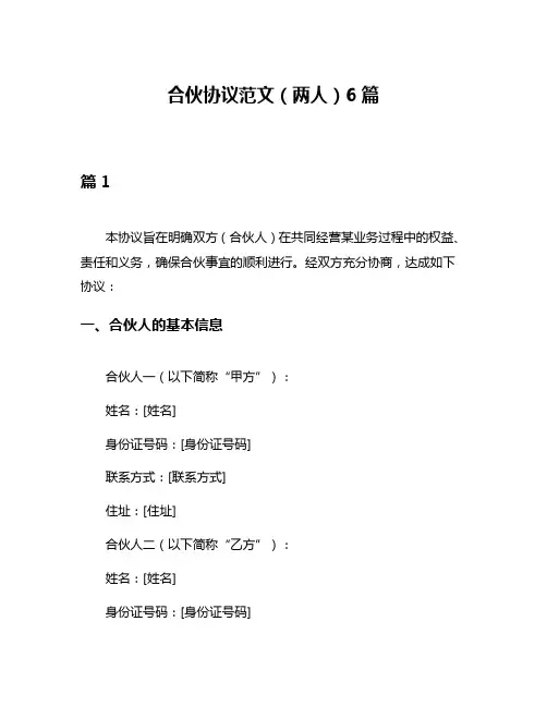 合伙协议范文(两人)6篇