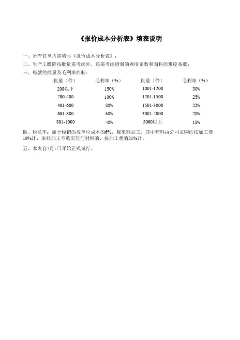 服装成本报价单