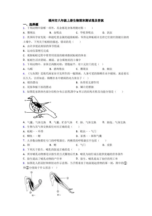 福州市八年级上册生物期末测试卷及答案
