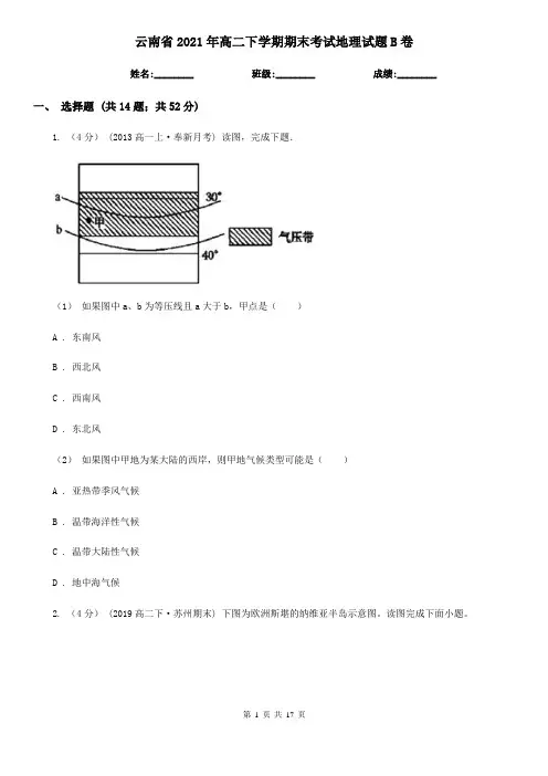 云南省2021年高二下学期期末考试地理试题B卷