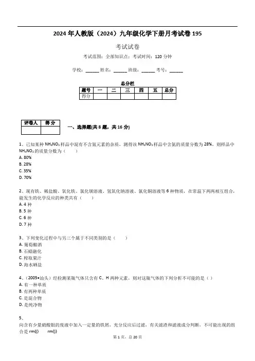2024年人教版(2024)九年级化学下册月考试卷195