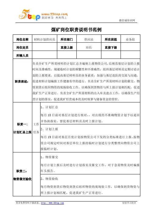 煤矿材料计划供应员岗位职责说明书
