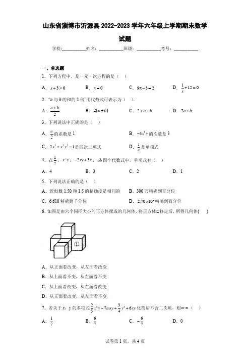 山东省淄博市沂源县2022-2023学年六年级上学期期末数学试题(含详细答案)