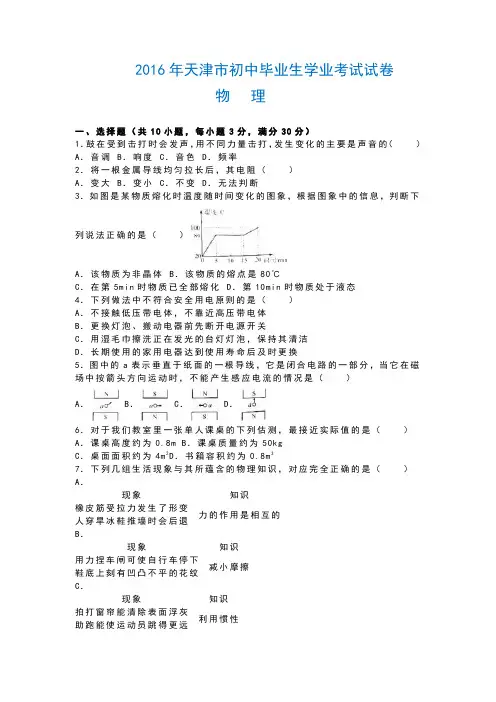 2016年天津市初中毕业生学业考试试卷