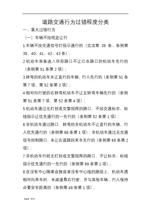 道路交通违法行为过错程度分类