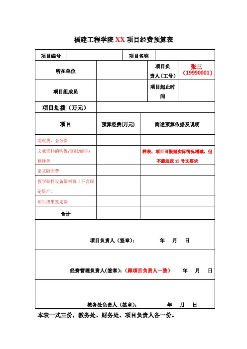 项目经费预算表-样表