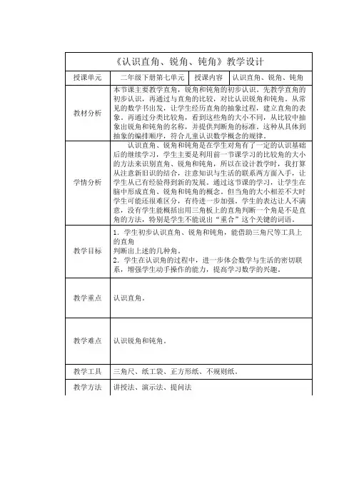 《认识直角、锐角、钝角》教学设计