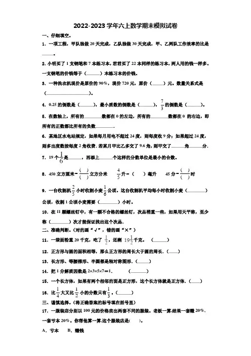 2023届信阳市数学六年级第一学期期末达标测试试题含解析