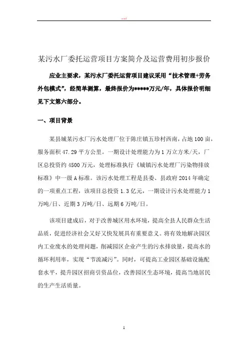 某污水厂委托运营方案及运营费用初步报价