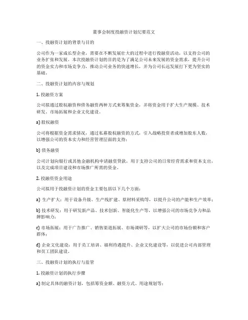 董事会制度投融资计划纪要范文