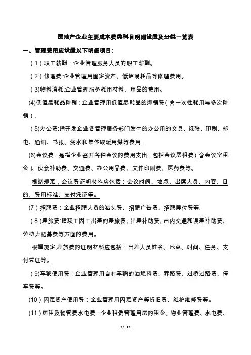 房地产企业主要成本费类科目明细设置及分类一览表