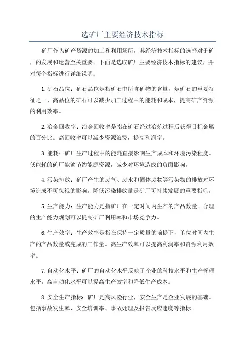 选矿厂主要经济技术指标