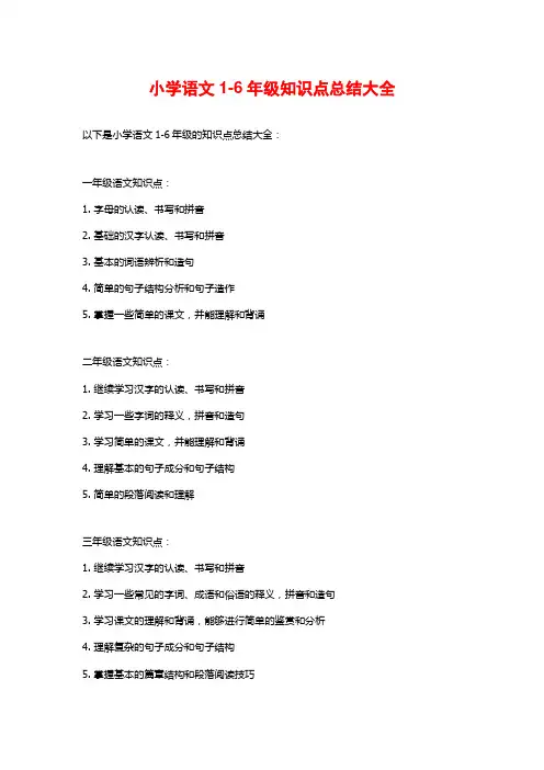 小学语文1-6年级知识点总结大全