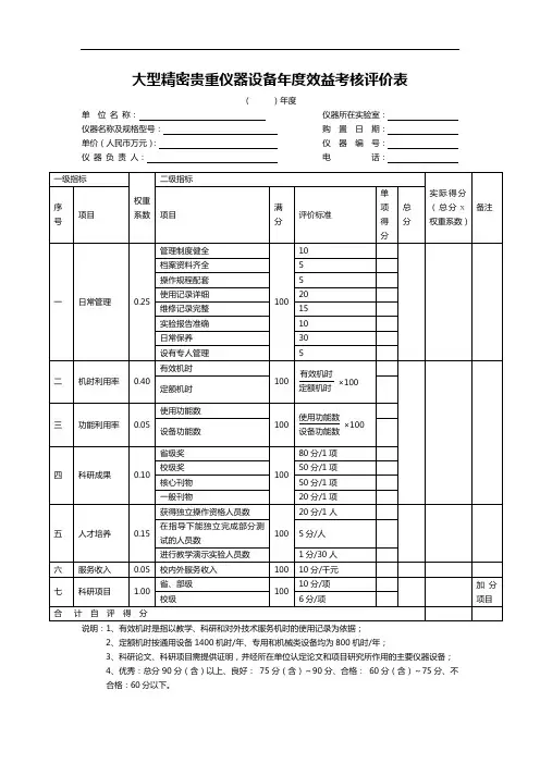 大型精密贵重仪器设备年度效益考核评价表