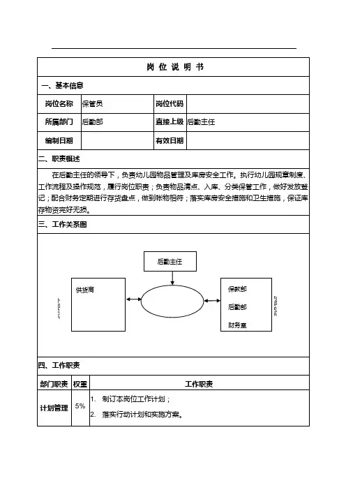 幼儿园《保管员岗位职责》