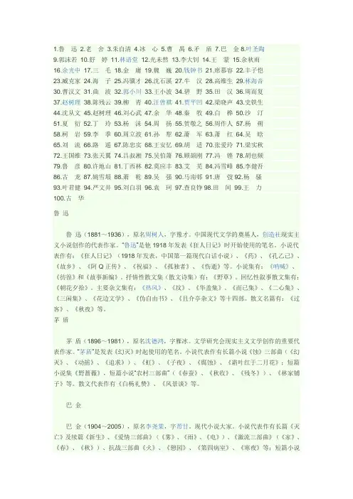中国近代作家排名