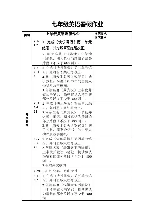 七年级英语暑假作业