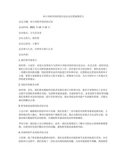 审计风险评估阶段讨论会议纪要案例范文