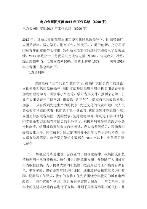 电力公司团支部201X年工作总结 (6000字)(新版)