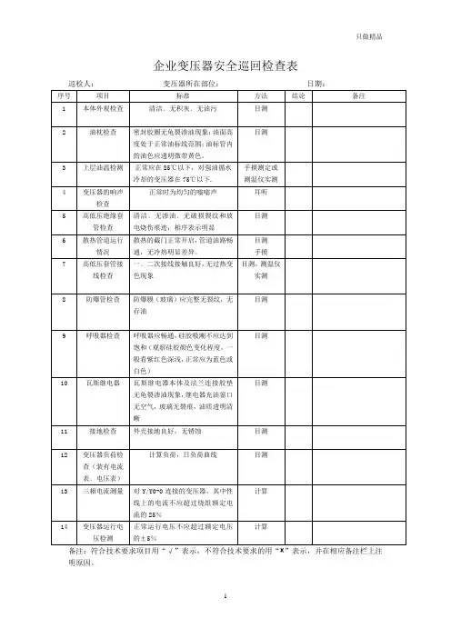 企业变压器安全巡回检查表