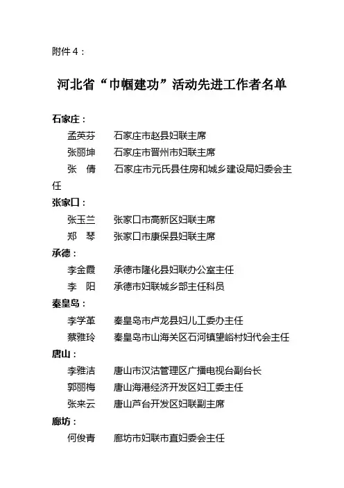 河北省“巾帼建功”活动先进工作者名单