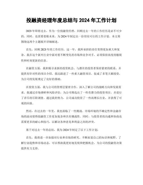 投融资经理年度总结与2024年工作计划