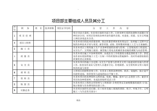项目部主要组成人员及其分工(小型)