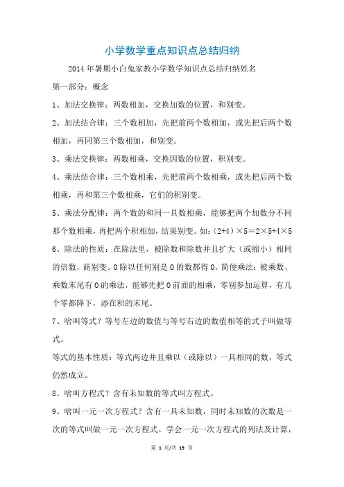 小学数学重点知识点总结归纳(参考)