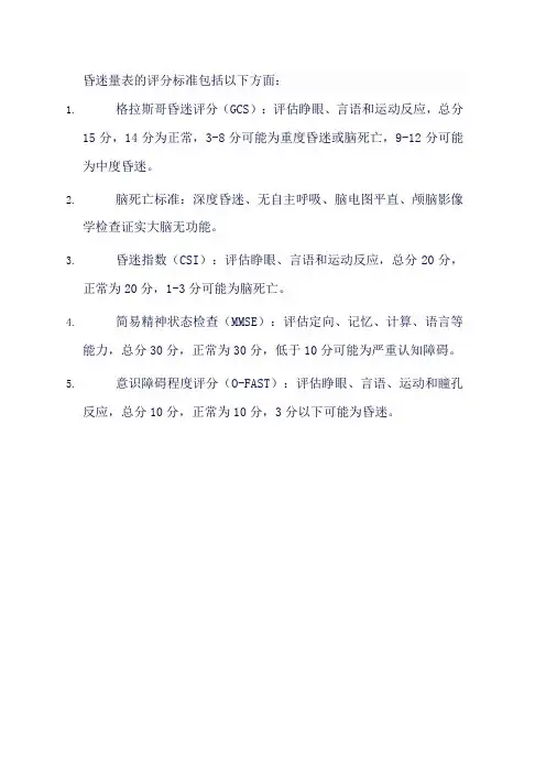 昏迷量表的评分标准