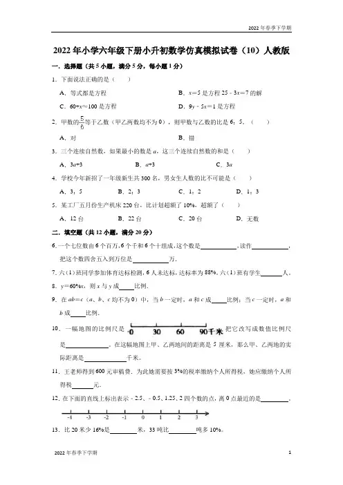 2022年小学六年级下学期小升初数学仿真模拟试卷(10)人教版(解析版)