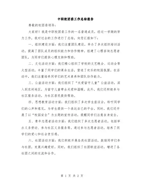 中职校团委工作总结报告