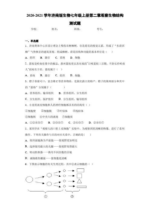 2020-2021学年济南版生物七年级上册第二章观察生物结构测试题