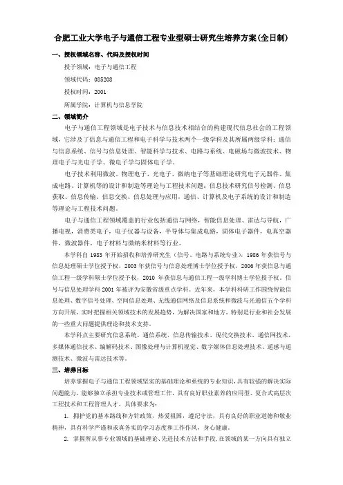 合肥工业大学电子与通信工程专业型硕士研究生培养方案全