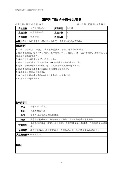 妇产科门诊护士岗位说明书