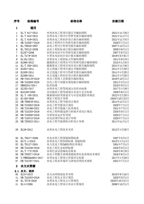 水利水电勘测设计现行技术标准名录(第十版修订)