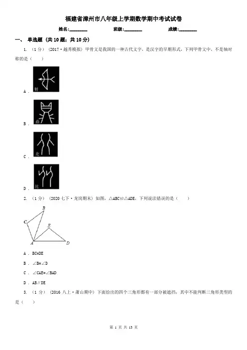福建省漳州市八年级上学期数学期中考试试卷