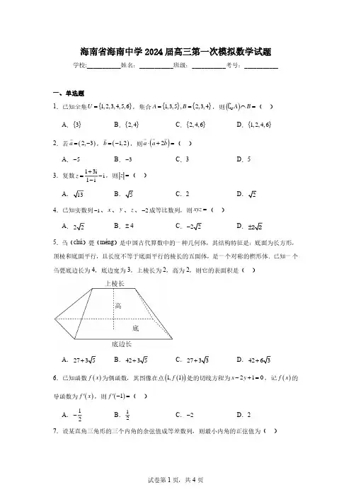 海南省海南中学2024届高三第一次模拟数学试题及参考答案