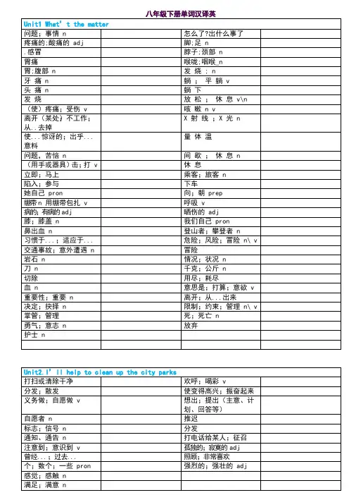 八年级下册英语单词汉译英