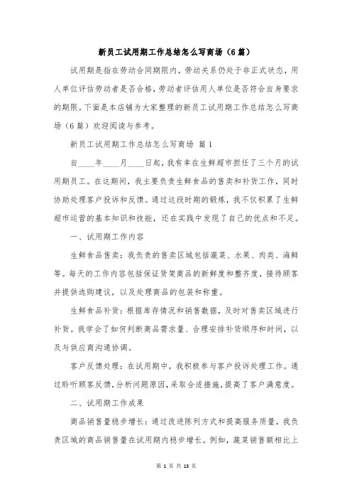 新员工试用期工作总结怎么写商场(6篇)