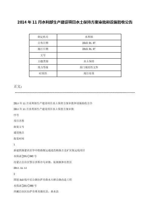 2014年11月水利部生产建设项目水土保持方案审批和设施验收公告-