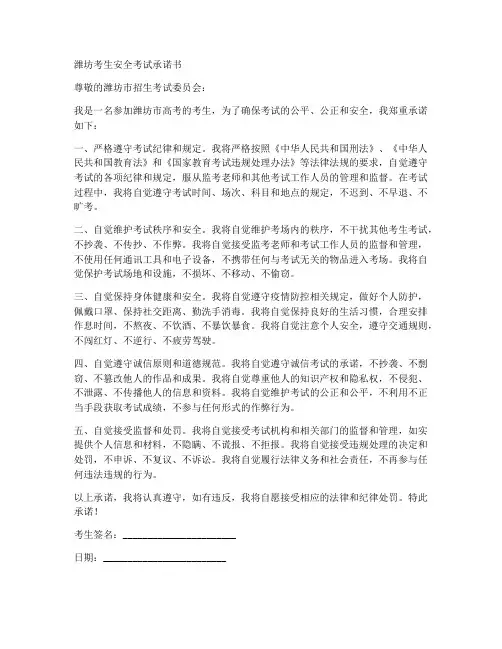 潍坊考生安全考试承诺书