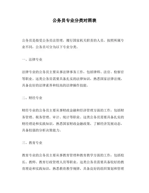 公务员专业分类对照表