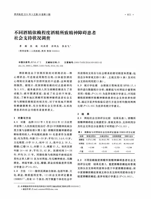 不同酒精依赖程度酒精所致精神障碍患者社会支持状况调查