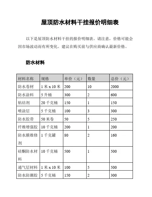 屋顶防水材料干挂报价明细表