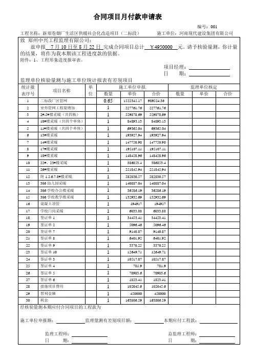 合同项目月支付款申请表